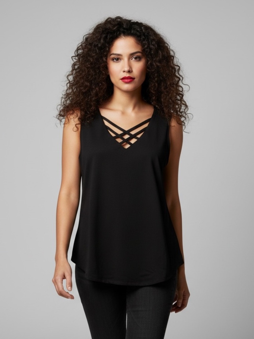 Addition Elle Black Criss-Cross V-Neck Tank Top - Plus Size 3X
